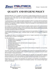 POLPACK ZEUS quality and hygiene policy – first page, English