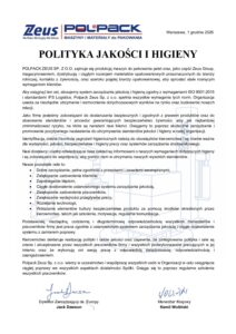 Polityka jakości i higieny POLPACK ZEUS – pierwsza strona, język polski