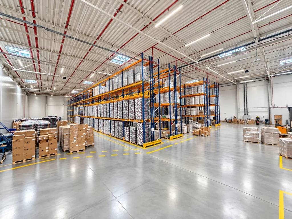 POLPACK ZEUS warehouse in Warsaw with pallet racking and marked traffic routes