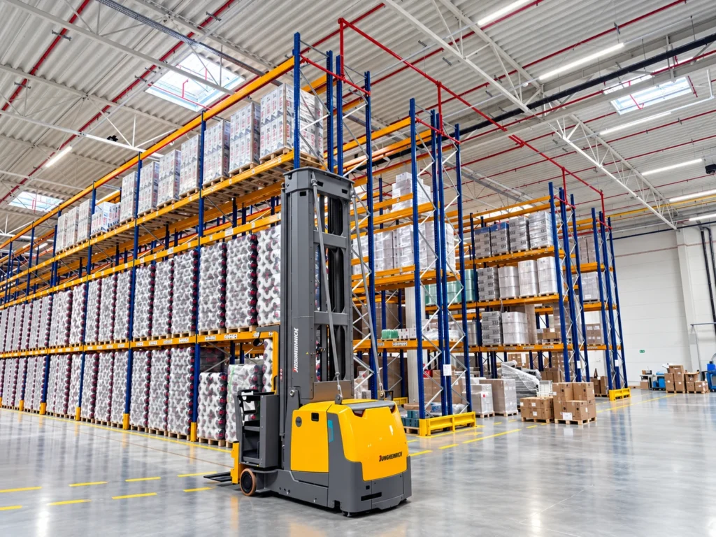 Jungheinrich truck beside pallet racking at the POLPACK ZEUS warehouse in Warsaw